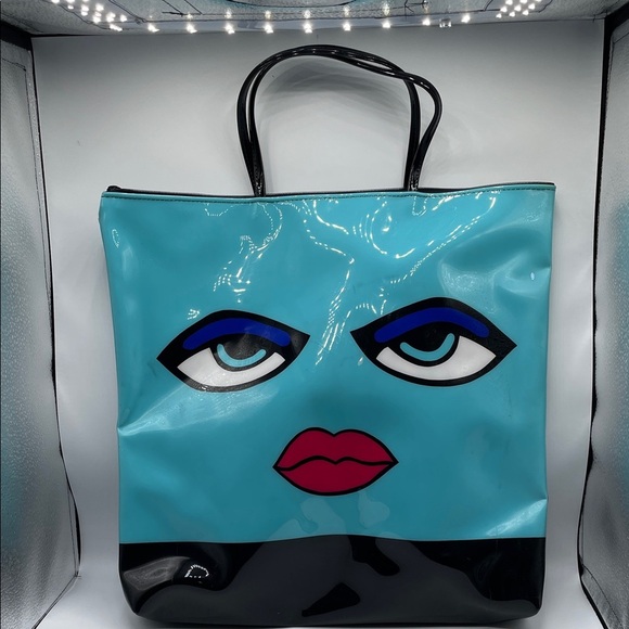 Macy's Artistic Vintage Blue and Black Zip top Tote Bag - Picture 3 of 10